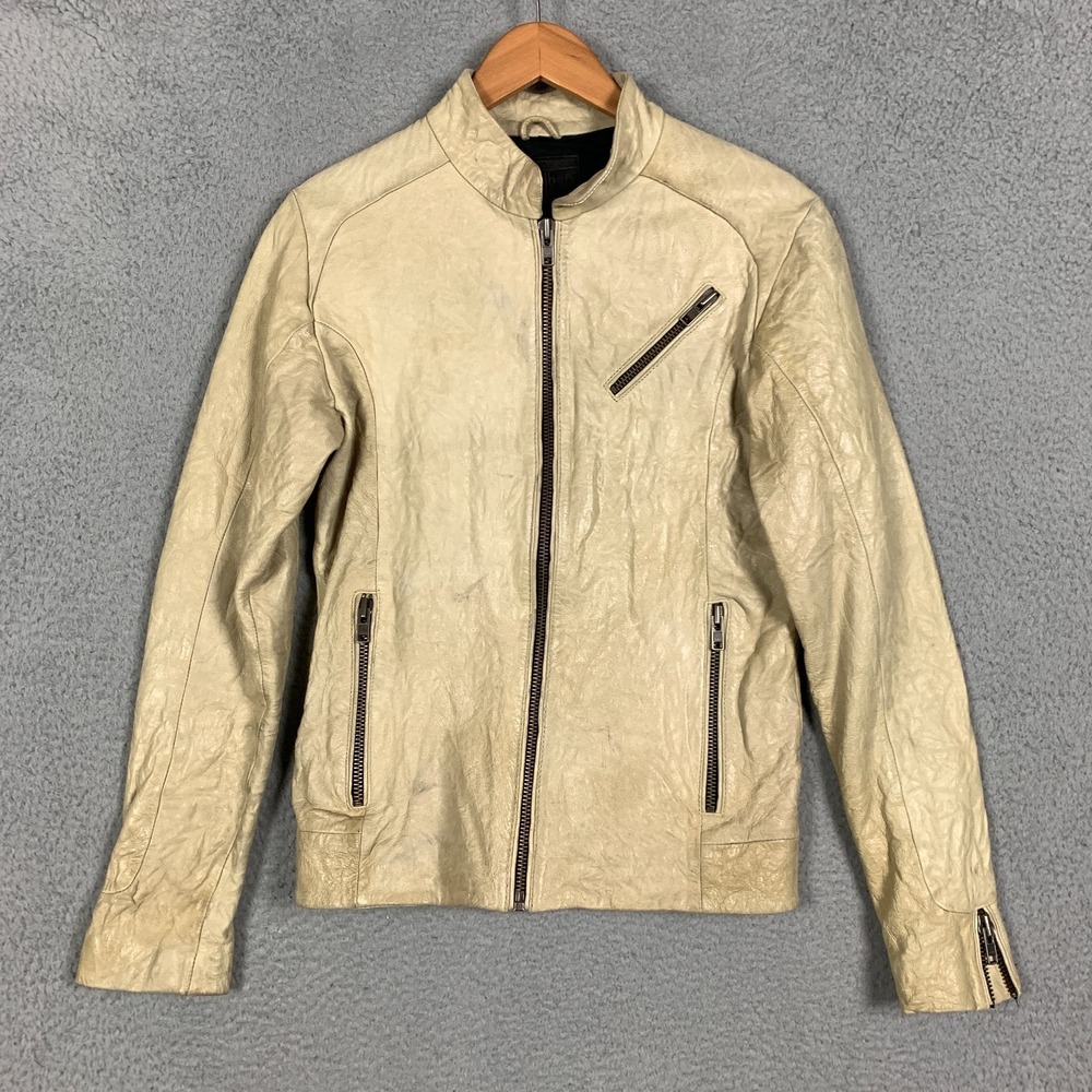 Vintage Heathen Leather Biker Jacket Womens‎ Small Cream Full Zip Pockets Moto